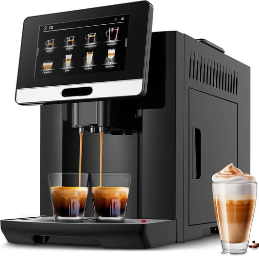 Cafetera automática con pantalla táctil, molinillo y espumador de leche