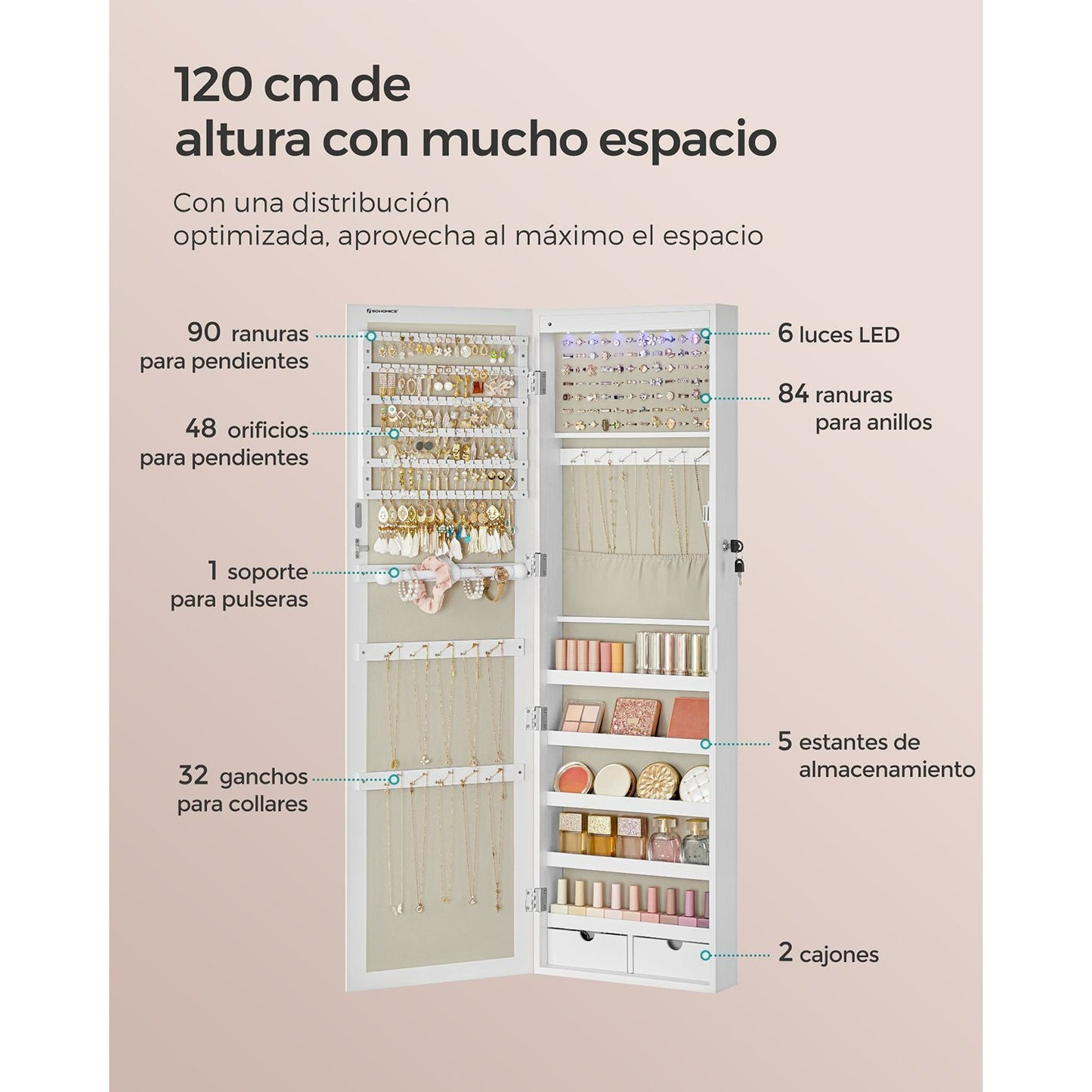 Espejo Joyero de Pared con Luces LED
